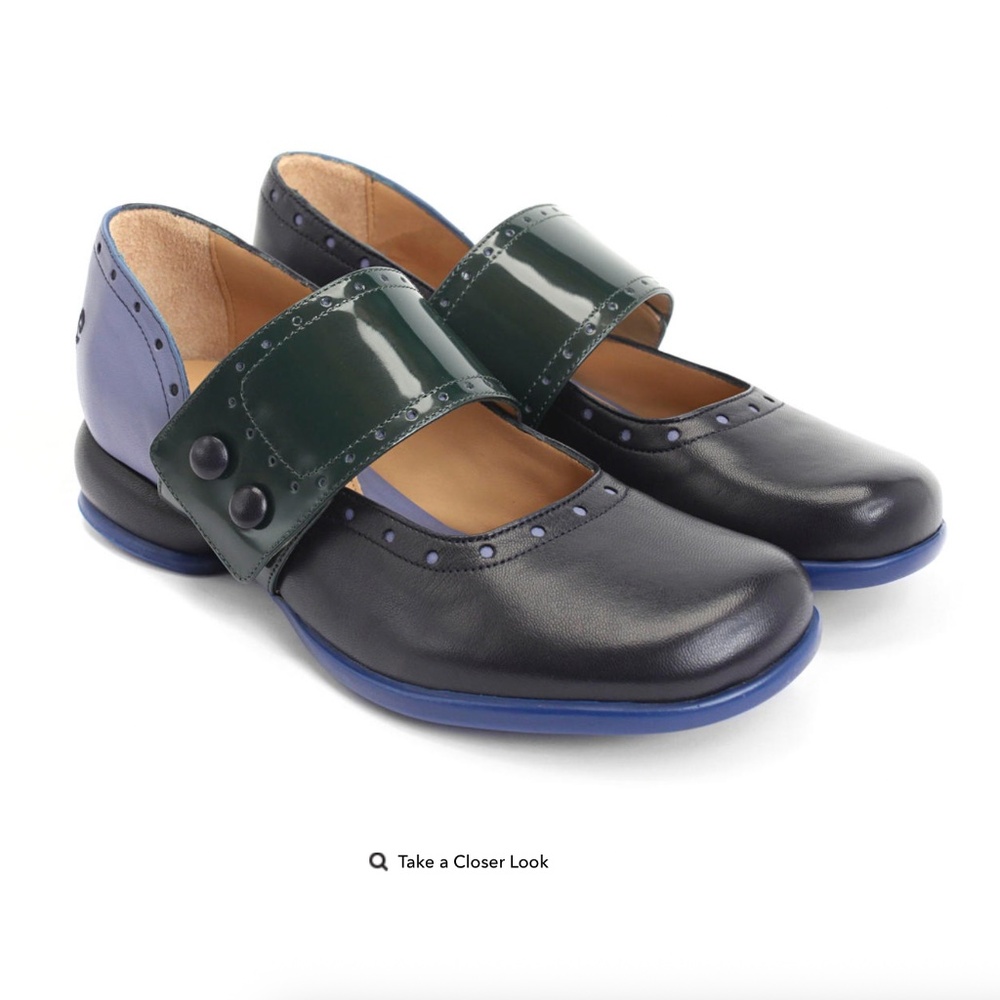 Fluevog Fellowship Cleo blue and green leather buttoned flat may jane EUC